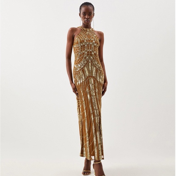 Karen Millen Gold Beaded Maxi Dress - Picture 1 of 5